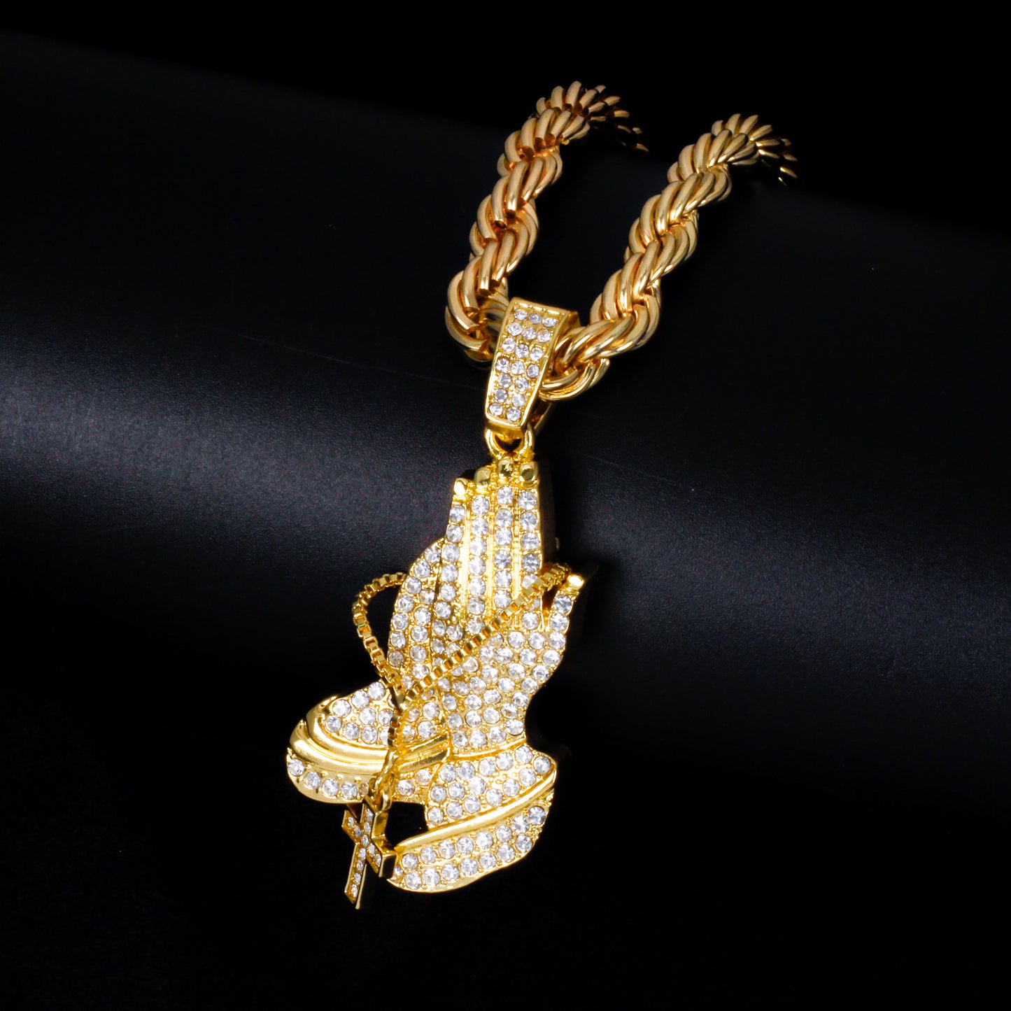 Iced Large Praying Hand Pendant with 8mm Rope Chain 24" - HC-8002