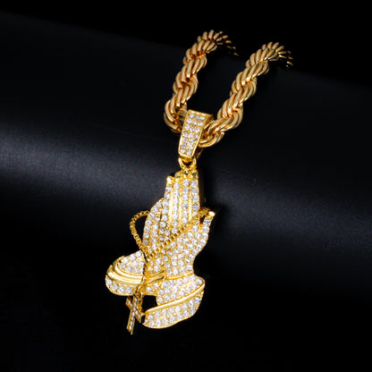 Iced Large Praying Hand Pendant with 8mm Rope Chain 24" - HC-8002