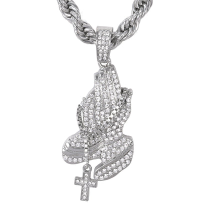 Iced Large Praying Hand Pendant with 8mm Rope Chain 24" - HC-8002