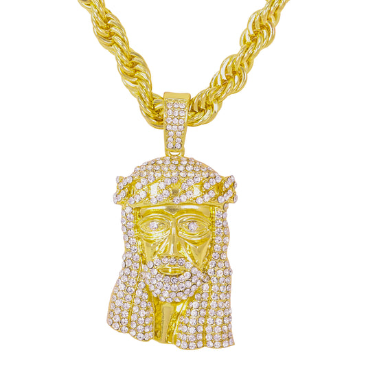 Iced Large Jesus Pendant with 8mm Rope Chain 24" - HC-8003