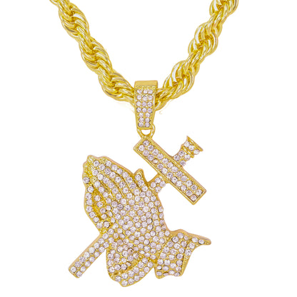 Iced Large Praying Hand Pendant with 8mm Rope Chain 24" - HC-8011