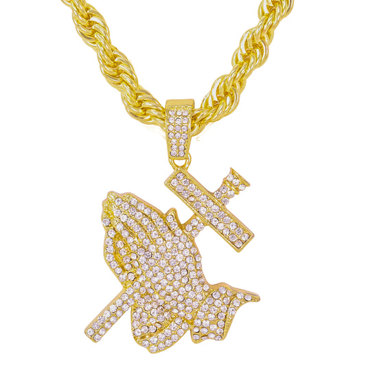 Iced Large Praying Hand Pendant with 8mm Rope Chain 24" - HC-8011