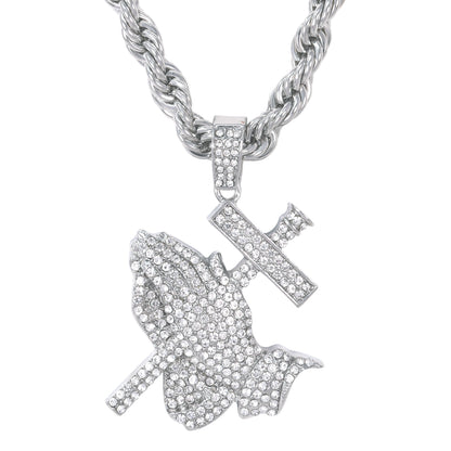 Iced Large Praying Hand Pendant with 8mm Rope Chain 24" - HC-8011