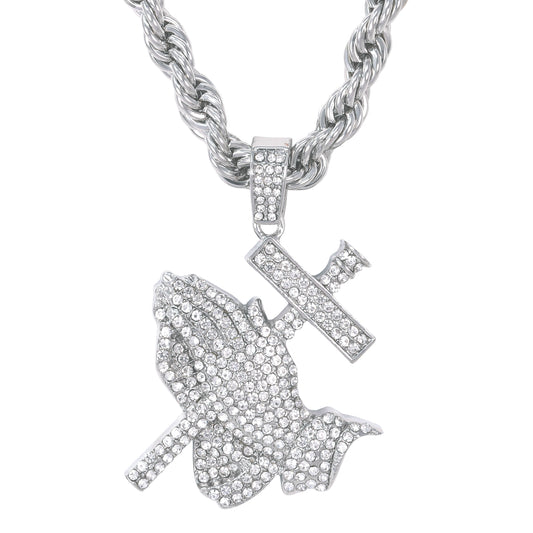 Iced Large Praying Hand Pendant with 8mm Rope Chain 24" - HC-8011