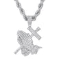 Iced Large Praying Hand Pendant with 8mm Rope Chain 24" - HC-8011