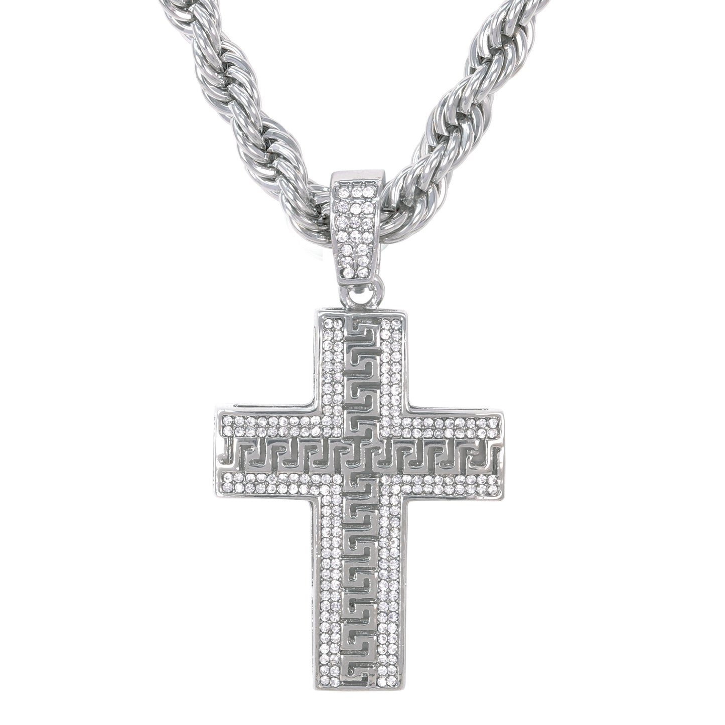 Iced Large Cross Pendant with 8mm Rope Chain 24" - HC-8017