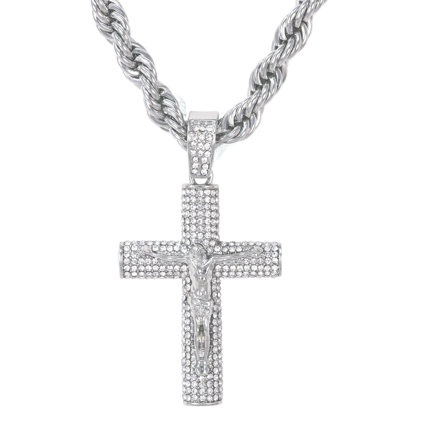 Iced Large Cross Pendant with 8mm Rope Chain 24" - HC-8022
