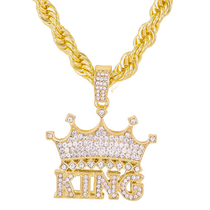 Iced Large King Pendant with 8mm Rope Chain 24" - HC-8032