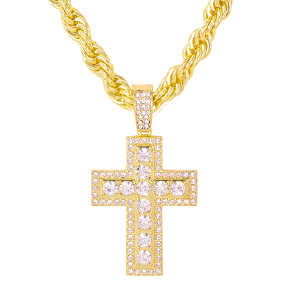 Iced Large Cross Pendant with 8mm Rope Chain 24" - HC-8043