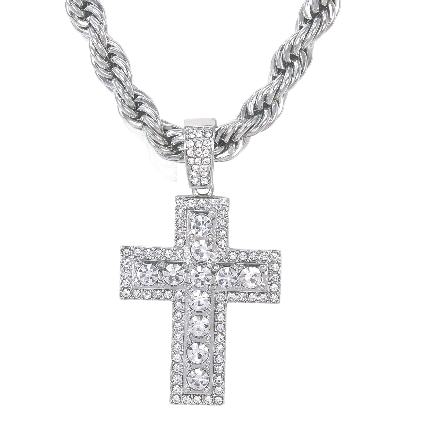 Iced Large Cross Pendant with 8mm Rope Chain 24" - HC-8043
