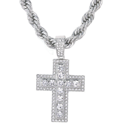 Iced Large Cross Pendant with 8mm Rope Chain 24" - HC-8043