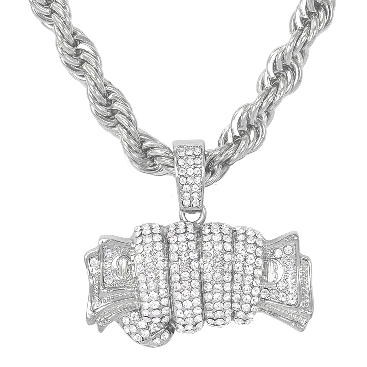 Iced Large Money Pendant with 8mm Rope Chain 24" - HC-8042