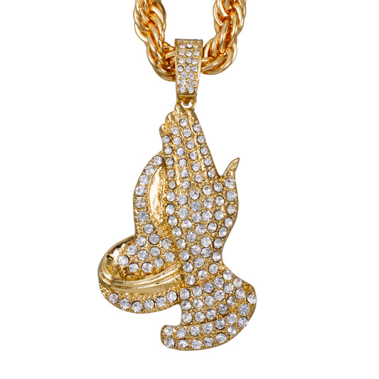 Iced Large Praying Hand Pendant with 8mm Rope Chain 24" - HC-8052