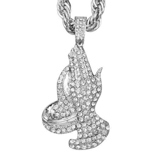 Iced Large Praying Hand Pendant with 8mm Rope Chain 24" - HC-8052