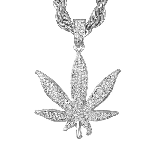 Iced Large Leaf Pendant with 8mm Rope Chain 24" - HC-8055