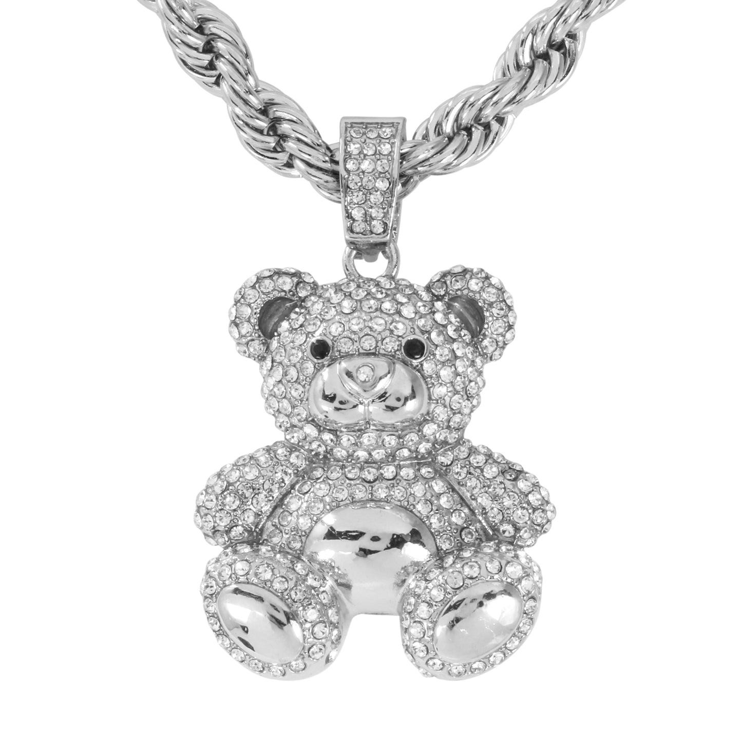 Iced Large Teddy Bear Pendant with 8mm Rope Chain 24" - HC-8064