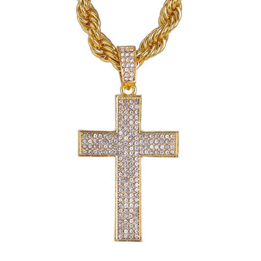 Iced Large Cross Pendant with 8mm Rope Chain 24" - HC-8066
