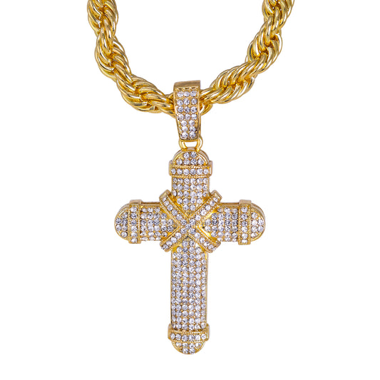 Iced Large Cross Pendant with 8mm Rope Chain 24" - HC-8068