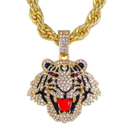 Iced Large Tiger Pendant with 8mm Rope Chain 24" - HC-8072