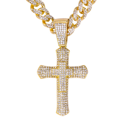 Iced Large Cross Pendant with 12mm Iced Cuban Chain - HC-9001