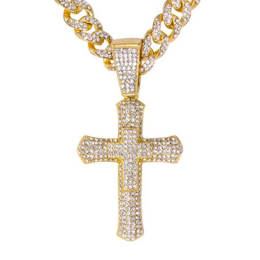 Iced Large Cross Pendant with 12mm Iced Cuban Chain - HC-9001