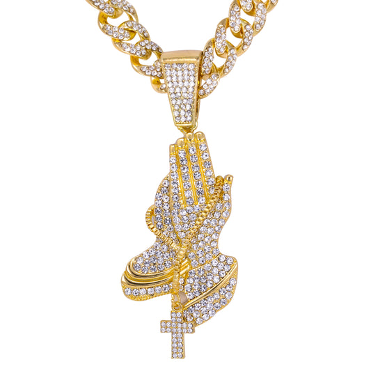Iced Large Praying-Hand Pendant with 12mm Iced Cuban Chain - HC-9002