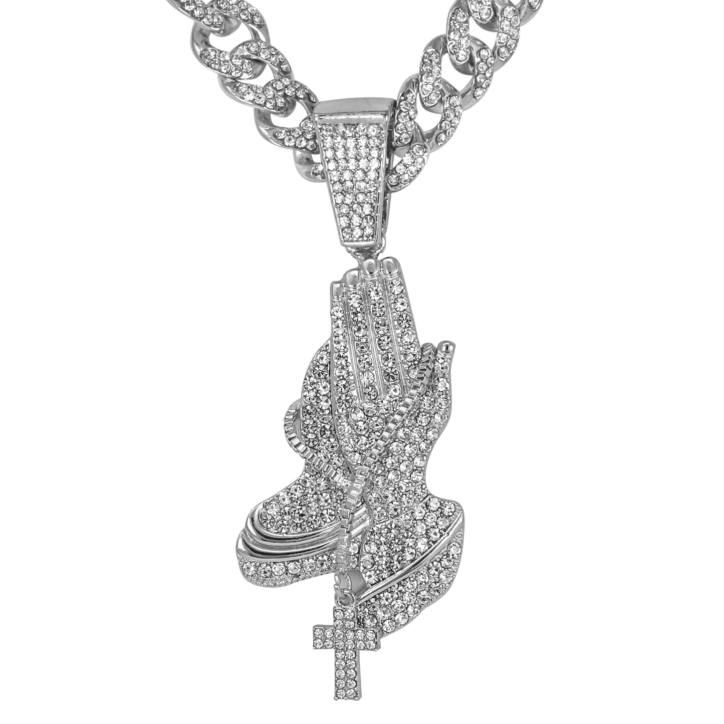 Iced Large Praying-Hand Pendant with 12mm Iced Cuban Chain - HC-9002