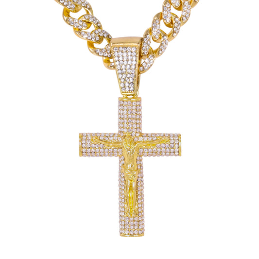 Iced Large Cross Pendant with 12mm Iced Cuban Chain - HC-9004