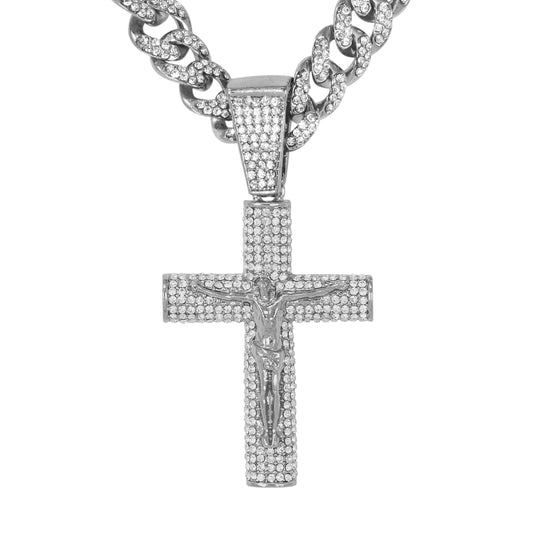 Iced Large Cross Pendant with 12mm Iced Cuban Chain - HC-9004