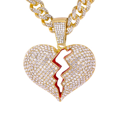 Iced Large Heart Pendant with 12mm Iced Cuban Chain - HC-9008
