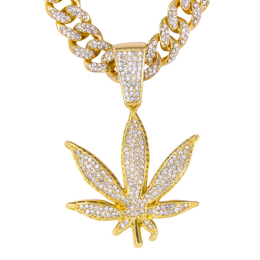 Iced Large Leaf Pendant with 12mm Iced Cuban Chain - HC-9009
