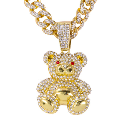 Iced Large Teddy-Bear Pendant with 12mm Iced Cuban Chain - HC-9011