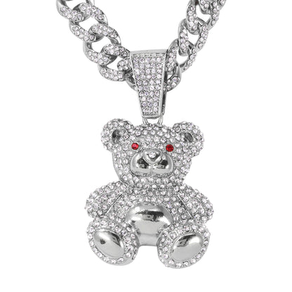 Iced Large Teddy-Bear Pendant with 12mm Iced Cuban Chain - HC-9011