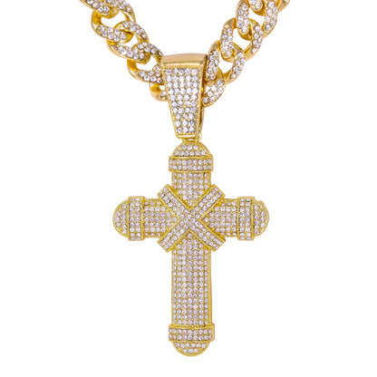 Iced Large Cross Pendant with 12mm Iced Cuban Chain - HC-9012