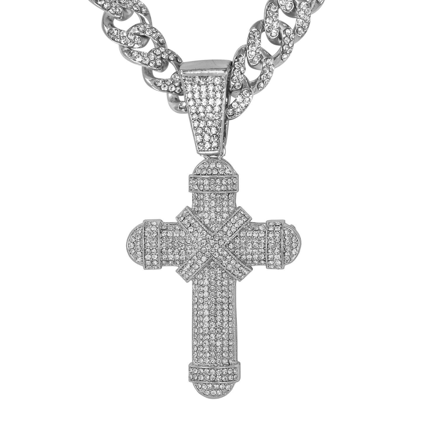 Iced Large Cross Pendant with 12mm Iced Cuban Chain - HC-9012