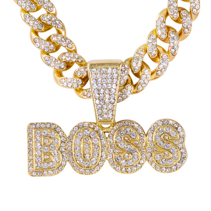 Iced Large Boss Pendant with 12mm Iced Cuban Chain - HC-9014