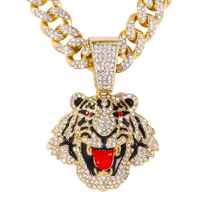 Iced Large Tiger Pendant with 12mm Iced Cuban Chain - HC-9015