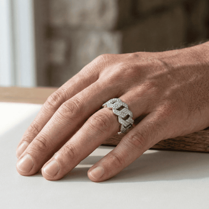Iced Out 3.4CT Moissanite Cuban Link Ring in Premium Sterling Silver