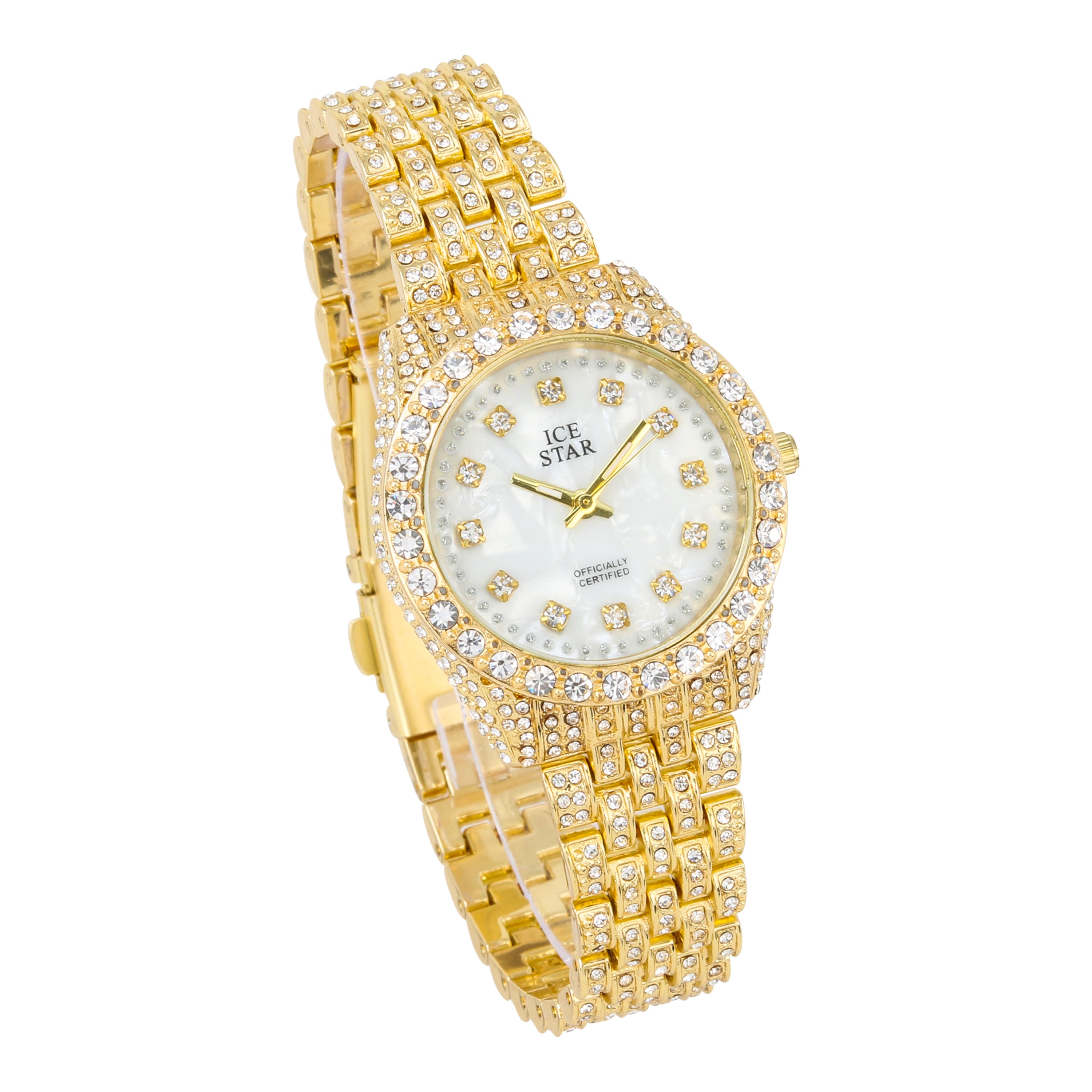 Women's Round Iced Out Watch 32mm Gold