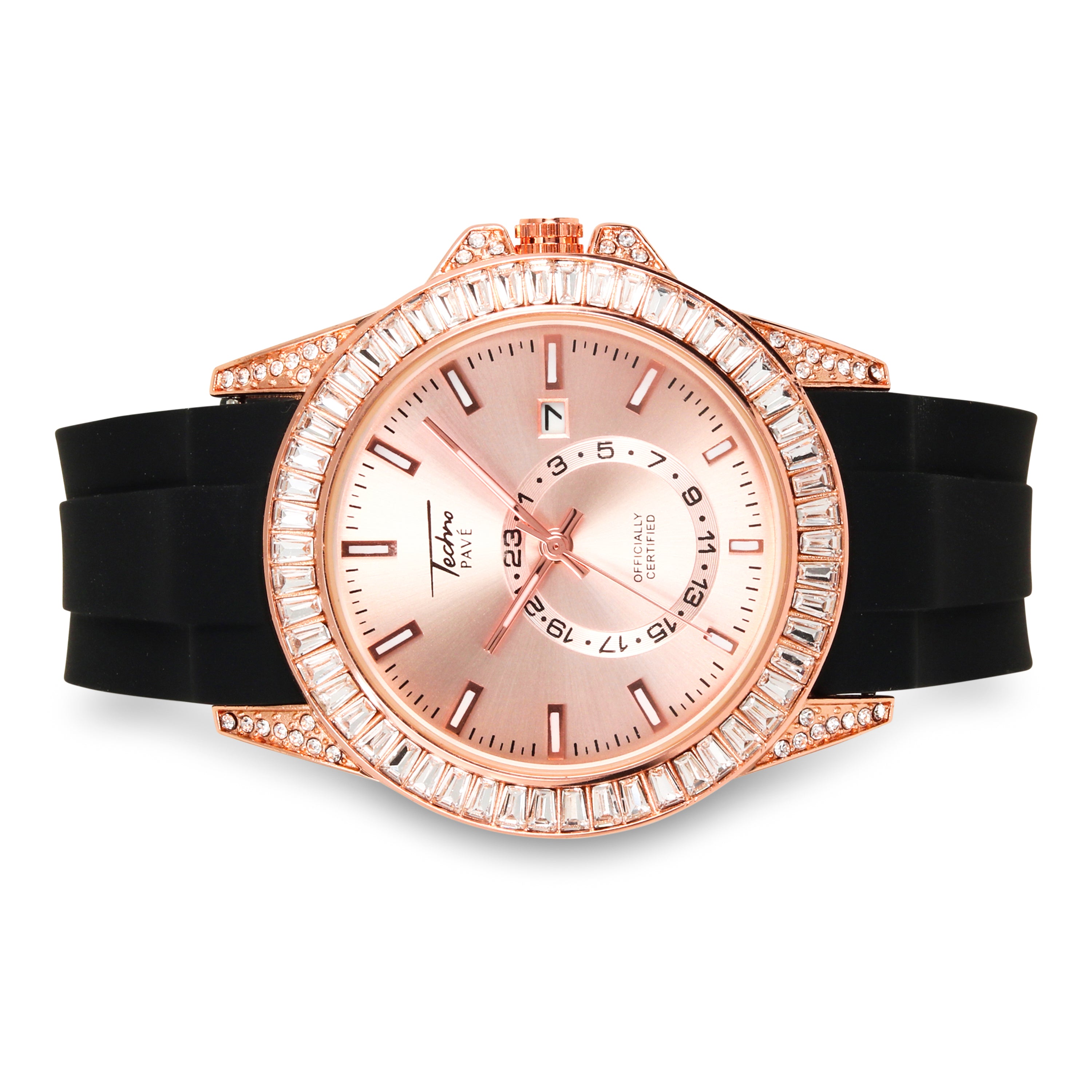 Men's Baguette Iced Out Watch 42mm Rose Gold - Silicon Band