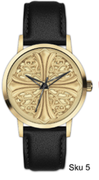 Gold watch with black leather strap on a white background