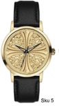 Gold watch with black leather strap on a white background