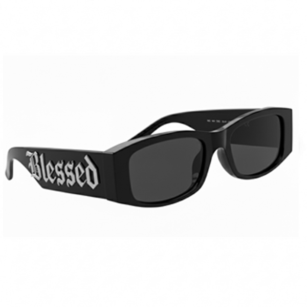 Black sunglasses with 'Blessed' text on a white background