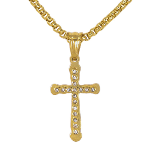 Mini Iced Cross Necklace with 2.5mm Round Box Chain 24" - SCP-010**