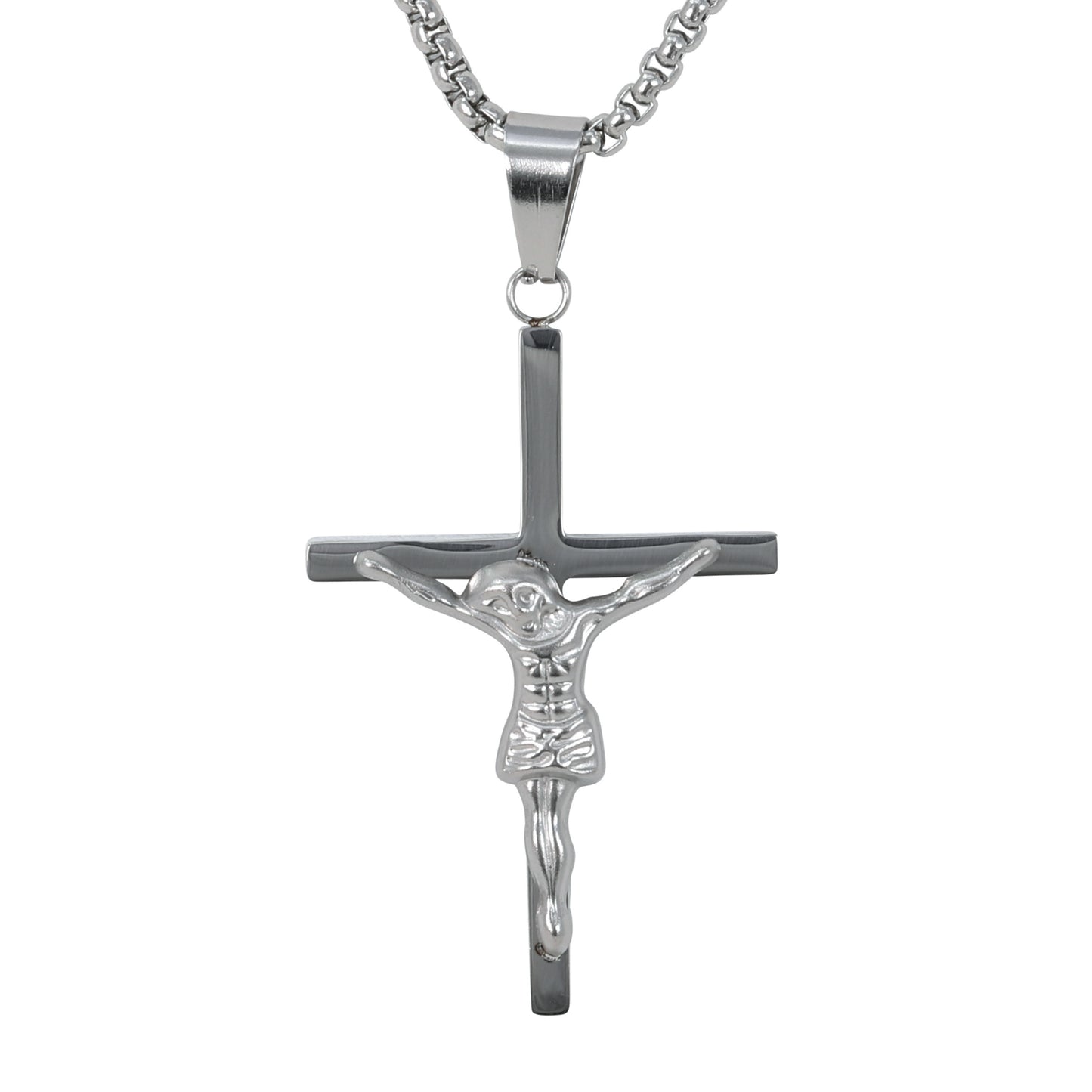 Medium Crucifix Necklace with 3mm Round Box Chain 24" - SCP-245**