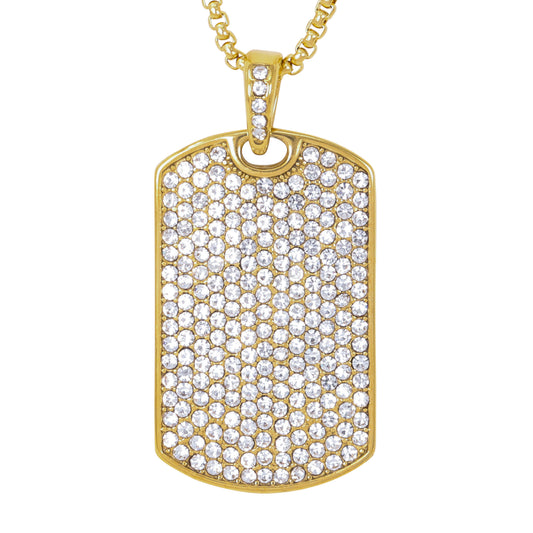 Large Iced Tag Necklace with 3mm Round Box Chain 24" - SCP-3009**