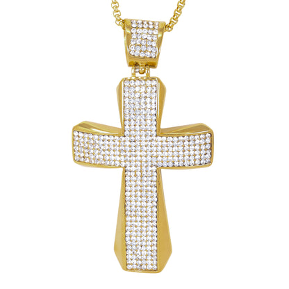 Large Iced Cross Necklace with 3mm Round Box Chain 24" - SCP-3015**