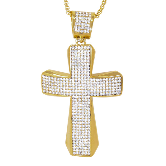 Large Iced Cross Necklace with 3mm Round Box Chain 24" - SCP-3015**