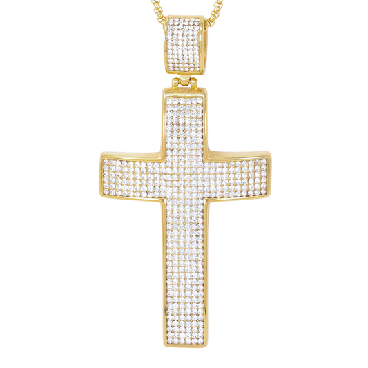 Large Iced Cross Necklace with 3mm Round Box Chain 24" - SCP-3016**