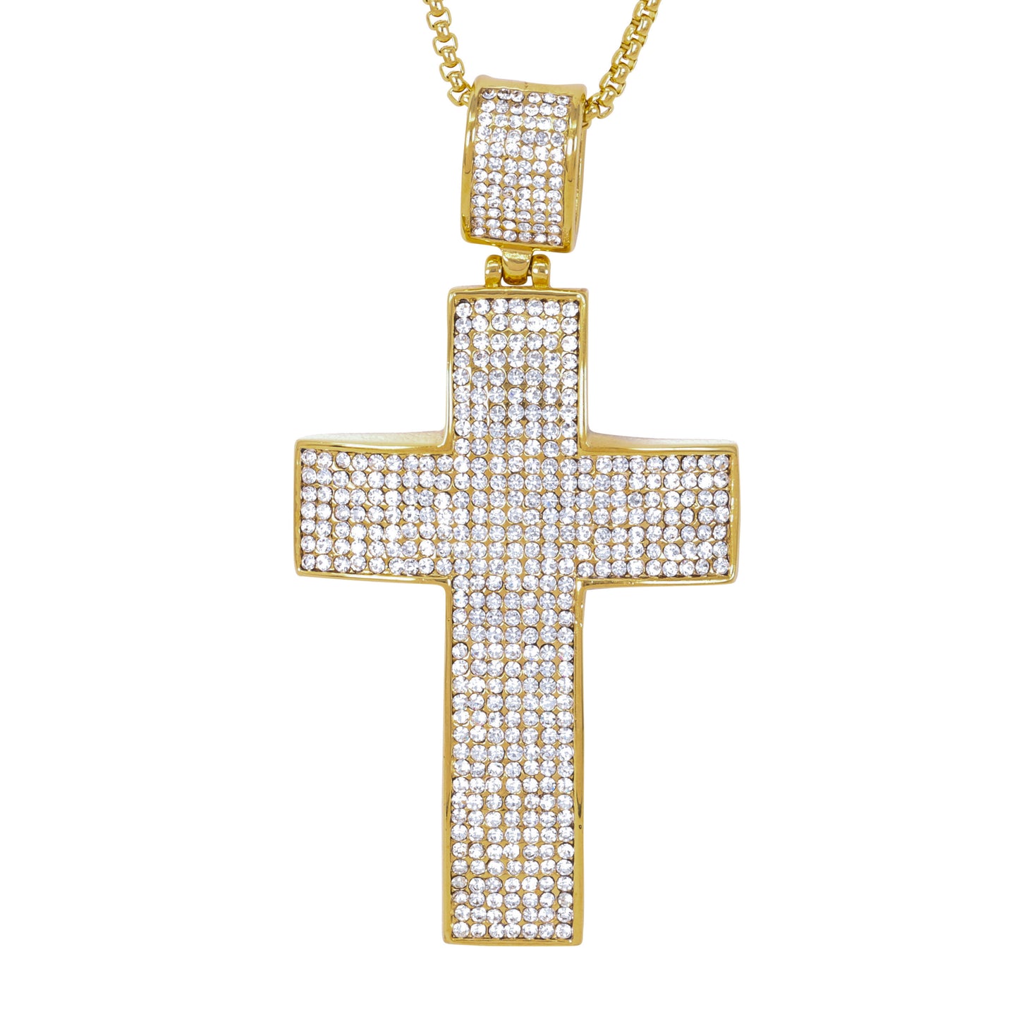Large Iced Cross Necklace with 3mm Round Box Chain 24" - SCP-3017**
